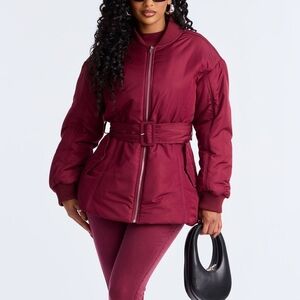 GOING: 4/4 FN Burgundy Giana Belted Puffer Jacket